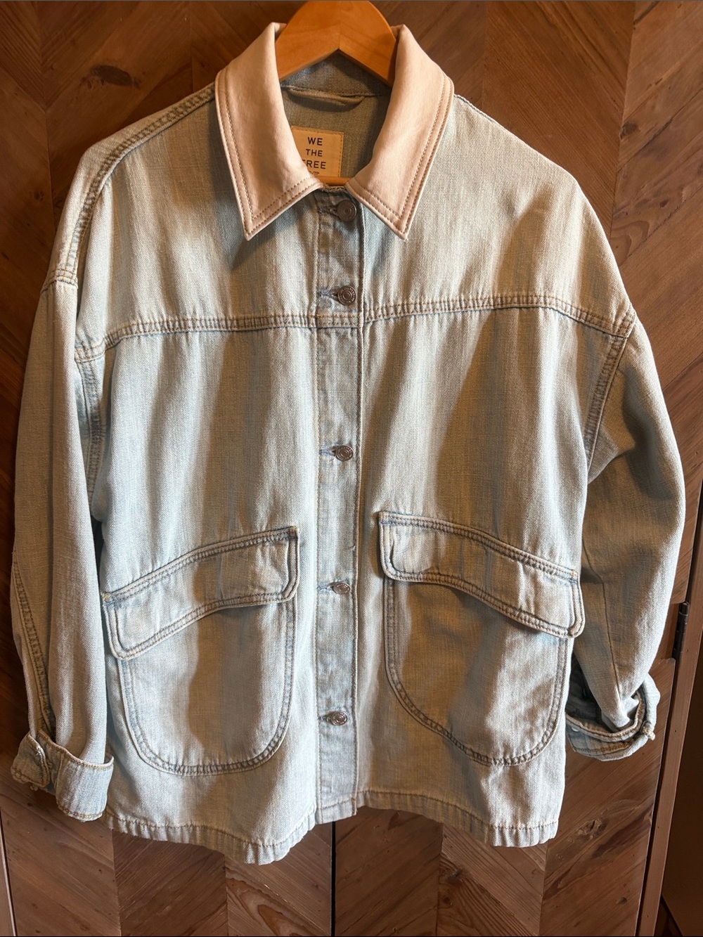 We The Free Light Blue Denim Jacket with Cream Collar Accent